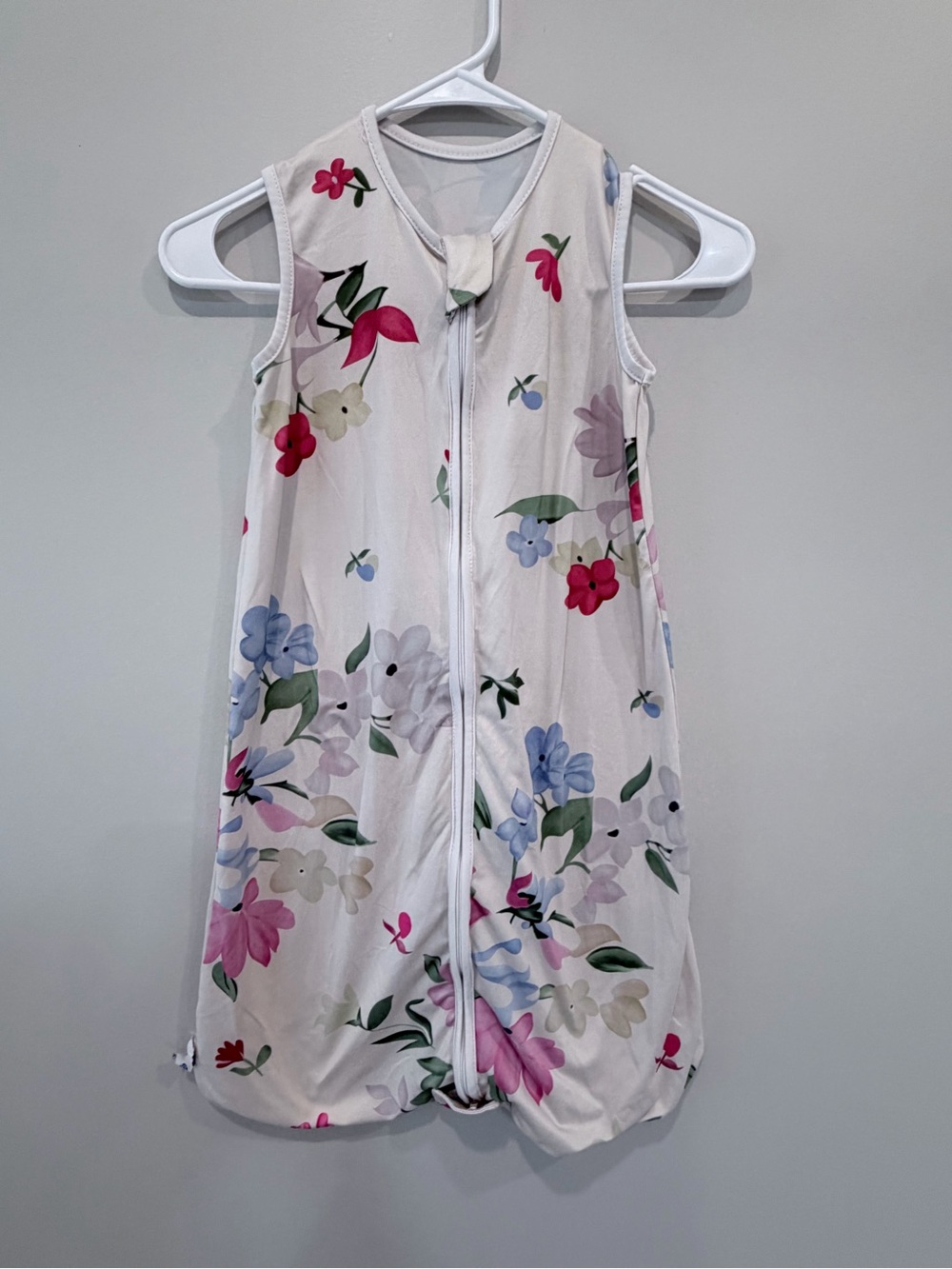 Girls' Sleeveless Floral Zip-Front Dress - White with Pink & Blue Flowers